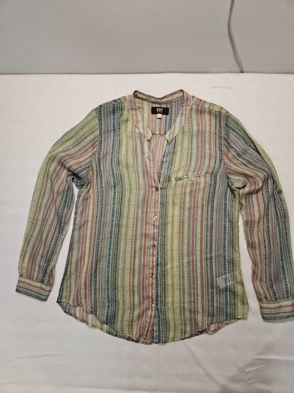 Kut from the Kloth‎ Sheer Striped Roll-Tab Sleeve Blouse - L